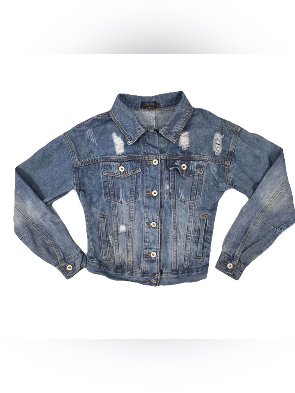 Balboa Distressed Denim Jacket Frayed V Back Cropped Y2K Blue Women’s Small